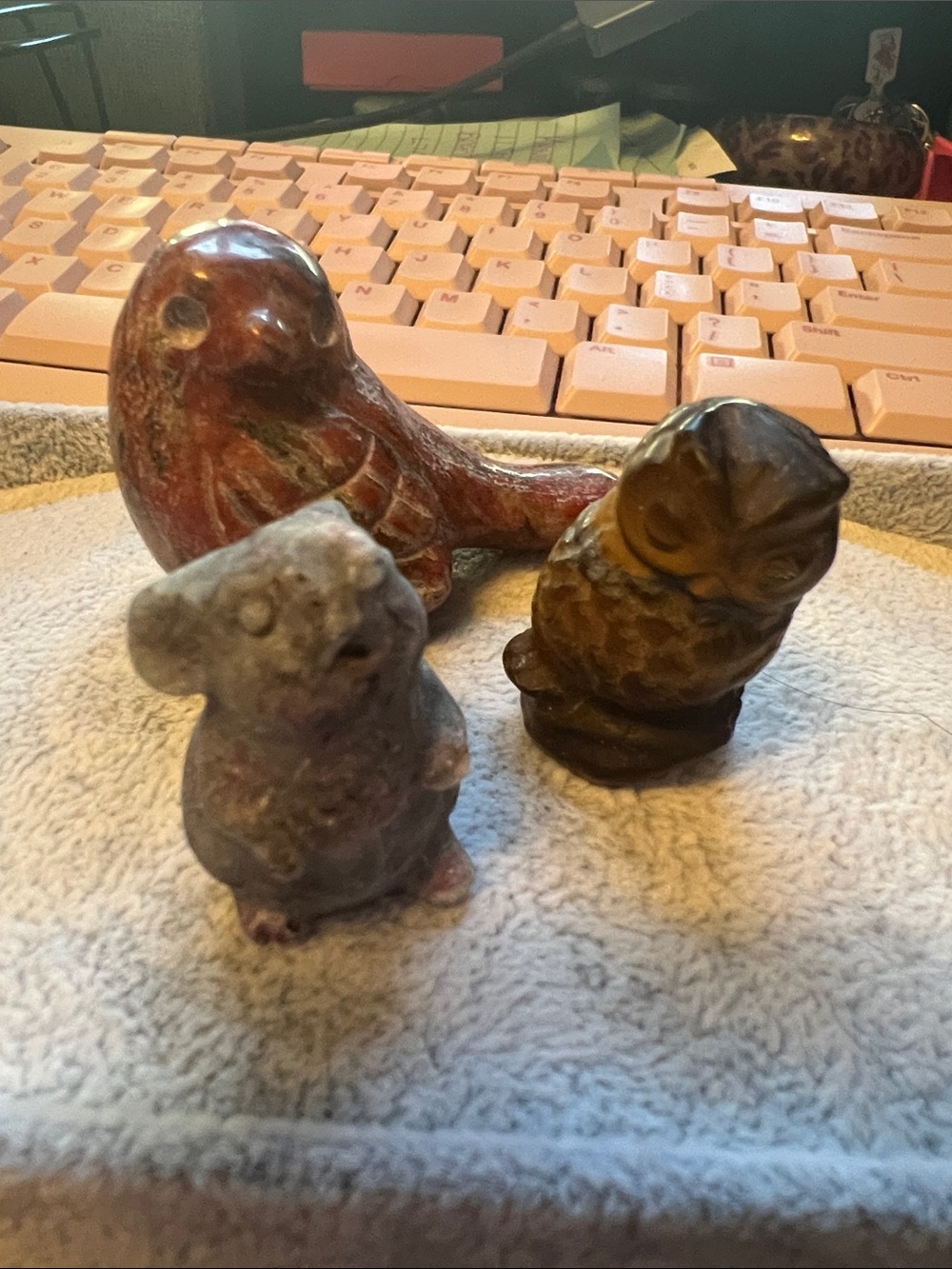 Small Breciated Jasper Bird & gemstone mouse and tigers eye owl carving